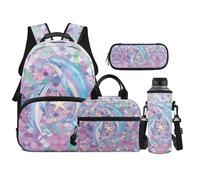 TOADDMOS Set di 4 zaini per la scuola, con portapranzo, astuccio, borsa per bottiglia d'acqua, per bambini e ragazzi, Delfino squame sirena, moderno