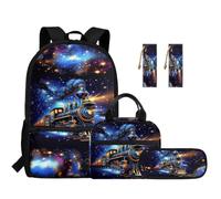 TOADDMOS Set di 5 zaini per bambini con borsa per il pranzo, astuccio per matite e 2 segnalibri, borsa per libri per scuola elementare e media, Treno Galassia, moderno