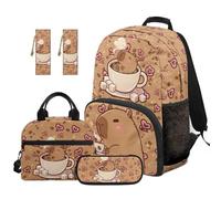 TOADDMOS Set di 5 zaini per bambini, con borsa per il pranzo, portapenne, 2 pezzi, segnalibro, borsa per la scuola elementare e media, Cuori Capibara, moderno