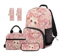 TOADDMOS Set di 5 zaini per bambini, con borsa per il pranzo, portapenne, 2 pezzi, segnalibro, borsa per la scuola elementare e media, Gatti Cherry Blossom, moderno