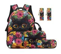 TOADDMOS Set di 5 zaini per bambini, con borsa per il pranzo, portapenne, 2 pezzi, segnalibro, borsa per la scuola elementare e media, Fiori Gatti Neri, moderno