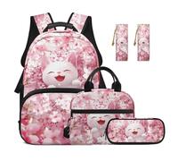 TOADDMOS Set di 5 zaini per bambini, con borsa per il pranzo, portapenne, 2 pezzi, segnalibro, borsa per la scuola elementare e media, Gatti Cherry Blossom, moderno