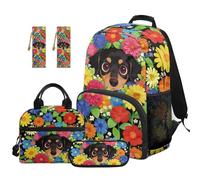TOADDMOS Set di 5 zaini per bambini, con borsa per il pranzo, portapenne, 2 pezzi, segnalibro, borsa per la scuola elementare e media, Fiori Bassotto, moderno