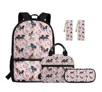 TOADDMOS Set di 5 zaini per bambini con borsa per il pranzo, portapenne, 2 segnalibri, borsa alla moda per scuola elementare e media, Fiori di cavallo, moderno