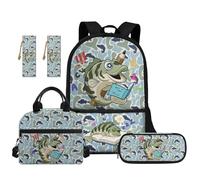 TOADDMOS Set di 5 zaini per bambini con borsa per il pranzo portatile, astuccio, 2 pezzi segnalibro per scuola elementare e media, Pesce Studiare, moderno