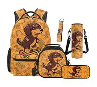 TOADDMOS Set di 5 zaini per la scuola, con borsa per il pranzo portatile, astuccio, borraccia, borsa portabottiglie e portachiavi, Grazioso bassotto, moderno