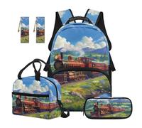 TOADDMOS Set di 5 zaini per la scuola, con borsa per il pranzo portatile, astuccio multifunzione, 2 segnalibri per bambini, Treno Vintage, moderno