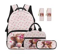 TOADDMOS Set di 5 zaini per la scuola con borsa portatile per il pranzo e matite, 2 segnalibri, grande capacità, borsa per libri da viaggio, Arco della mucca delle Highland, moderno
