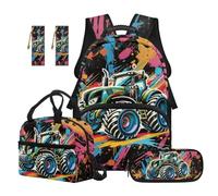 TOADDMOS Set di 5 zaini scolastici di grande capacità con borsa per il pranzo, astuccio per matite e 2 segnalibri per bambini adolescenti, Cool Trattore, moderno