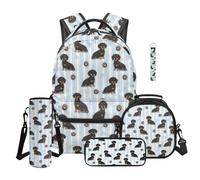 TOADDMOS Zaino per bambini con borsa portapranzo multifunzione, 5 pezzi, astuccio per bottiglia d'acqua con cordino portachiavi, Bassotto, moderno