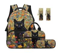 TOADDMOS Zaino per bambini da 5 pezzi per la scuola con portapranzo multifunzione, 2 segnalibri, borsa per la scuola di grande capacità, Fiori Gatti Neri, moderno