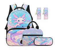 TOADDMOS Zaino per bambini da 5 pezzi per la scuola con portapranzo multifunzione, 2 segnalibri, borsa per la scuola di grande capacità, Balena Axolotl, moderno