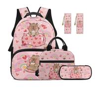 TOADDMOS Zaino per bambini da 5 pezzi per la scuola con portapranzo multifunzione, 2 segnalibri, borsa per la scuola di grande capacità, Cuori Capibara, moderno