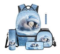 TOADDMOS Zaino per bambini per ragazze con borsa per il pranzo, astuccio per matite, borsa per bottiglia d'acqua, cordino portachiavi con scomparti, 5 pezzi, Pinguino che dorm, moderno