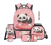 TOADDMOS Zaino per bambini per ragazzi e ragazze, 5 pezzi, con borsa per il pranzo, astuccio per matite, bottiglia d'acqua, cordino, portachiavi, borsa per libri, Panda che dorme, moderno