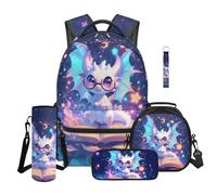 TOADDMOS Zaino per bambini per ragazzi e ragazze, 5 pezzi, con borsa per il pranzo, astuccio portamatite, borsa per bottiglia d'acqua, cordino portachiavi carino, Drago Bianco, moderno