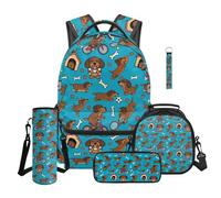 TOADDMOS Zaino per bambini per ragazzi e ragazze, 5 pezzi, con borsa per il pranzo, astuccio portamatite, borsa per bottiglia d'acqua, cordino portachiavi carino, Bassotto Cartone animato, moderno