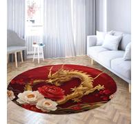 TOANGWALL Tappeti rotondi rossi 180cm Classico modello di drago d'oro e peonia Lavabile Antiscivolo Morbido Tappeto circolare a pelo corto per la camera degli ospiti del soggiorno