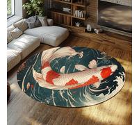 TOANGWALL Tappeto 140cm rotondo Ukiyo E Tappetino circolari antiscivolo Great Wave Koi fish lavabile in lavatrice Illustrazione tradizionale retrò pieghevole a pelo basso sottile per da