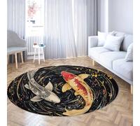 TOANGWALL Tappeto 200cm rotondo di pesci Koi rosso e bianco oro Tappetino circolari antiscivoli lavabili in lavatrice estetica Lucky Feng Shui Yin Yang Galaxy Pieghevole Large Low Pile Thin per