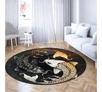 TOANGWALL Tappeto 90cm rotondo moderno lavabile in lavatrice nero oro bianco Yin Yang Koi Fish Tappetino circolari antiscivolo Lucky Feng Shui pieghevole retrò Large a pelo basso per da