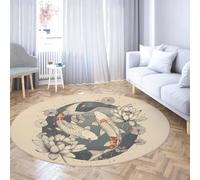 TOANGWALL Tappeto rotondo giapponese in stile Ukiyo-e 150cm Buona fortuna Koi Fish Lotus Tappetino circolare per interni lavabile a pelo basso antiscivolo per armadio Bagno Sala giochi