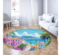 TOANGWALL Tappeto rotondo in stile mediterraneo 60cm Decorazione con stampa di motivi di edificio sul mare Tappeto circolare grande antiscivolo per sala studio sala da pranzo balcone