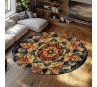 TOANGWALL Vintage blu navy arancione mandala medaglione 100cm tappeto rotondo per camera rustico lavabile con tappetino gomma e tappeto morbido per atrio