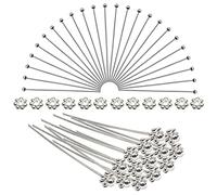 TOAOB 100 Pezzi Chiodini Testa Palla 45 mm Argento Spilli Dritti e 100 Pezzi Perline Distanziali a Forma di Fiore in Ottone per Creazione di Gioielli Fai da Te