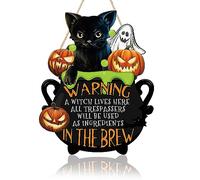 TOARTi Targa in legno di Halloween, strega vive qui, gatto nero felice Halloween, da appendere alla parete, zucca, fantasma, decorazioni in legno per Halloween, decorazione per casa e scuola, 29,2 x