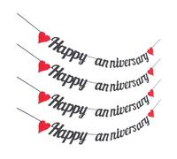 TOBBOMEY 4 Pezzi Festone Happy Anniversary con Cuori Glitter Neri per Decorazioni Romantiche Anniversario e Matrimonio Ghirlanda Facile da Appendere per Festa e Celebrazioni