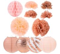 TOBBOMEY Set 11 Pezzi Lanterne di Carta Rosa Oro per Feste di Compleanno Decorazioni a Nido D’Ape Appese Pompon Pendenti da Soffitto per Matrimoni e Addio al Nubilato