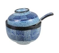 TOBBOMEY Set 2 Ciotole Giapponesi in Ceramica per Zuppa Miso Coperchio e Cucchiai, Ciotole per Riso e Stufato Stoviglie Casa e Ristorante, Design Edo Tradizionale, Uso per Buffet e Tavola