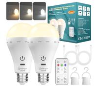 TobeBright Lampadina Ricaricabile con Telecomando, Lampadina LED E27 10W con controllo a sfioramento, 3 Temperature di Colore, 10-100% Dimmerabile Lampada LED Emergenza Campeggio con Gancio, 2 pcs