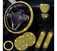 ToBeQueen Set di 7 accessori per auto con strass di cristallo e diamanti, coprivolante da 38,1 cm, copricintura di sicurezza, coprileva del cambio, anello di avviamento, sottobicchiere giallo