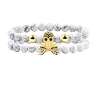 Tobestu 8mm Bracciale Elastica In Howlite Sintetica - 2pcs Braccialetto Con Perle E Testa Di Teschio Placcato Oro In Zirconia Cubica Per Uomo YA5149