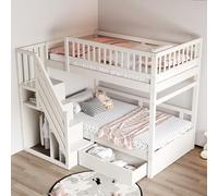 TOBIDOEN Letto a castello 90 x 200 cm con griglia di sicurezza alta, scala di sicurezza con vano portaoggetti, cassetti con ruote sotto il letto, lettino per 2 bambini, letto in legno massello, bianco