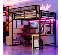 TOBIDOEN Letto a soppalco in metallo, 140 x 200 cm, con scrivania, scala di sicurezza e guardaroba, rete portaoggetti e scaffale, design pratico e funzione LE/D, per bambini e ragazzi, nero