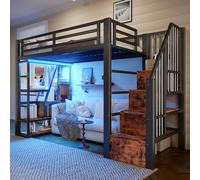 TOBIDOEN Letto a soppalco in metallo 90 x 200 cm, telaio in ferro con scomparti e ripiano integrato, ringhiera di sicurezza e scale, design LE/D, spazio aperto sotto il letto, nero, senza materasso