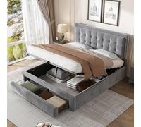 TOBIDOEN Letto imbottito 140 x 190 cm, con contenitore e 2 cassetti, stile semplice, letto matrimoniale con ampio spazio sotto il letto, testiera regolabile in altezza, tessuto di velluto, grigio