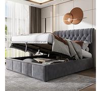 TOBIDOEN Letto imbottito 160 x 200 cm con cassetta, letto matrimoniale con ampio spazio sotto il letto, testiera con grandi cuciture a bottoni, piedini con rivetti, velluto