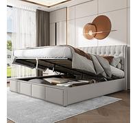 TOBIDOEN Letto imbottito 160 x 200 cm con cassetta, letto matrimoniale con ampio spazio sotto il letto, testiera con grandi cuciture a bottoni, piedini con rivetti, Linen