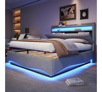 TOBIDOEN Letto matrimoniale imbottito 140 x 200 cm, con contenitore e riserve funzionali, vano portaoggetti e ripiani oggetti, tessuto di lino, senza materasso, grigio (140 x 200)