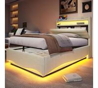 TOBIDOEN Letto singolo imbottito 90 x 200 cm con contenitore e riserve funzionali, vano portaoggetti e ripiani oggetti, tessuto di lino, senza materasso, beige (90 x 200)