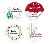 TOBJA® Adesivi natalizi tedeschi bianchi - 96 adesivi natalizi per regali in 4 varianti | Set di adesivi con scritta "Frohe Weihnachten | 4 cm etichette rotonde