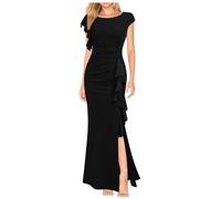 Tobysper Abito da donna, con maniche ad ali, da cocktail, con volant, per matrimoni, feste, maxi abito da sera, Nero , XL