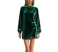 Tobysper Abito da donna elegante in velluto, a maniche lunghe, girocollo, da cocktail, per feste, matrimoni, da sera, lussuoso, lunghezza al ginocchio, tinta unita, comodo, per il tempo libero, corto