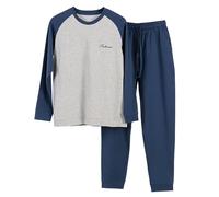 Tobysper Pigiama da uomo lungo in cotone, 2 pezzi, con parte superiore a maniche lunghe e pantaloni con elastico in vita, per la famiglia, loungewear invernale, pigiama da uomo, Blu, 4XL