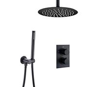 Tocchi di doccia per bagno termostatico nero montato a soffitto con doccia a pioggia rotonda da 8-12 pollici e doccia portatile, set di doccia di lusso, A-12 TUM