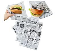 Tocnvoe - 100 Pezzi di Carta Alimentare Anti Grasso, 19x17 cm, Modelli di Giornale, Durevole, Resistente All'umidità e al Grasso, Sacchetto di Carta per Panini, Hamburger, Snack